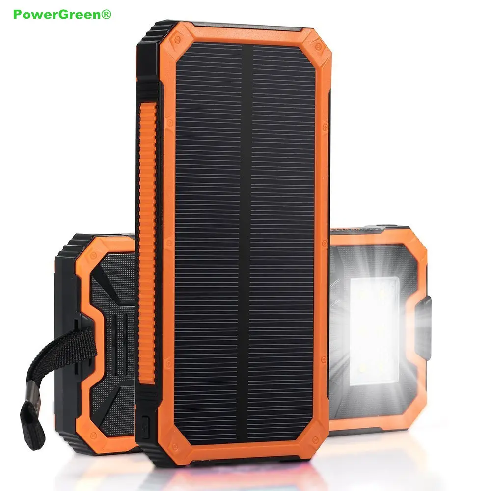 PowerGreen Kép USB Không Thấm Nước Ngân Hàng Pin 15000MAH Điện Thoại Di Động Giá Rẻ Năng Lượng Mặt Trời Charger Với Torch