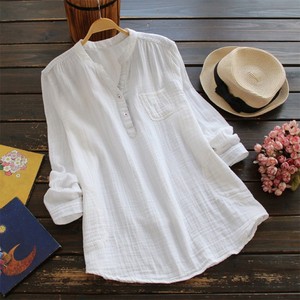 Donne della molla di Grandi Dimensioni Con Scollo A V A Maniche Lunghe in Tessuto 100% Cotone Parti Superiori Del Partito Camicia Casual Vintage Lavoro OL Camicetta ED038 - Product Image 6