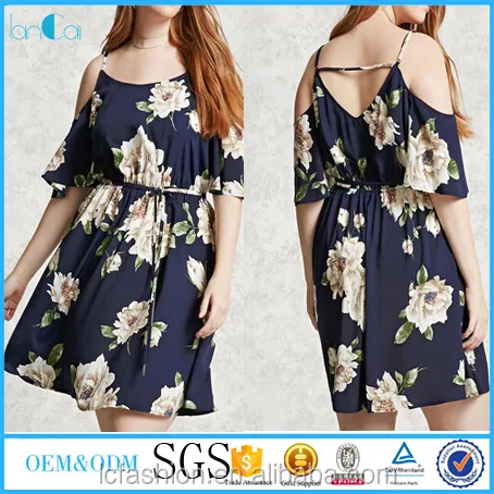 Plus size fashion women frío hombro floral impresión satén floral vestido maxi