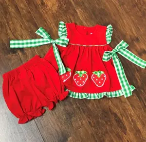 2018 wholesale children clothes kids girls clothing boutique red strawberry embroidery cheap lovely outfits for little baby girl