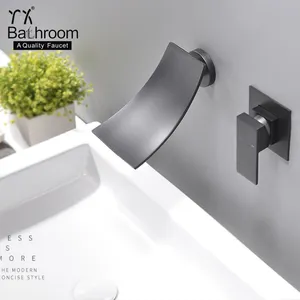 YX 浴室哑光黑色平板片状壁挂式双孔洗手盆面盆瀑布水龙头