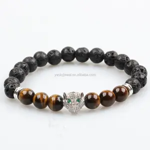 USA style fashion jewelry healing black lava stone beads panther men bracelet