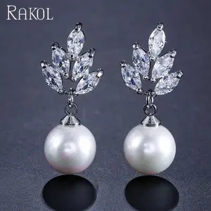 Rakol EP499 Luxe Bruiloft Zirconia Bridal Zirkoon Crystal Cz Grote Parel Oorbellen