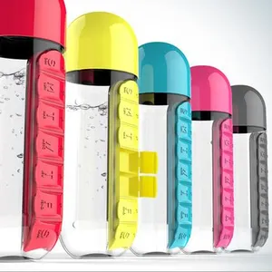 Botella de agua de plástico con pastillas, botella deportiva