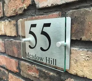 MODERN HOUSE SIGN PLAQUE DOOR NUMBER STREET GLASS EFFECT ACRYLIC ALUMINIUM NAME