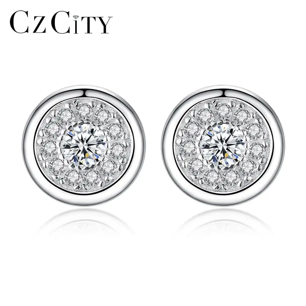CZCITY Classic CZ Pave New Mode Earrings 925 Silver Women Fine Jewelry Round Tiny CZ Earring