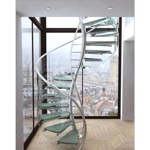 Factory direct indoor modern design laminated glass tread spiral stairs