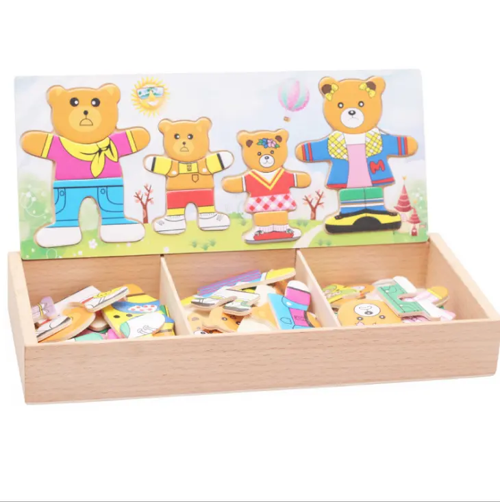 Kids Educational Toys Wooden Training Cartoon 4 Rabbit Bear Dress Changing Jigsaw Puzzle Educational Baby Kids Training Toy