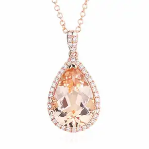 Rose Gold Plated 925 Sterling Silver Jewelry Cubic Zircon CZ Halo Pear Shape Morganite Pendant