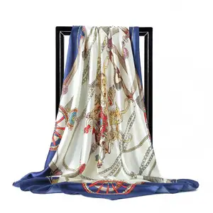 אופנה כיכר ראש צעיף נשים צבעים שרשרת מודפס צעיפי כורכת צעיף יוקרה מותג סאטן חיג 'אב משי צעיפי 90*90cm