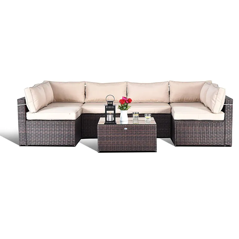 Eckform Konversation Outdoor-Sofa Rattan Couch Couchtisch Terrasse Weide Möbel-Set für Hinterhof Balkon Terrasse Garten