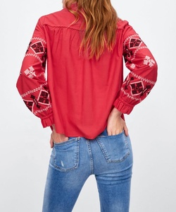 New Model Women Ethnic Design Floral Embroidery Breathable Cotton Vintage Style <strong>Red</strong> <strong>Long</strong> <strong>Sleeve</strong> <strong>Tops</strong> - Product Image 5