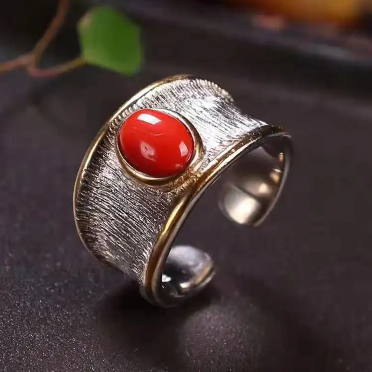 Perhiasan Batu Permata Eksotis Italia Perak Murni 925 Buatan Tangan Cincin Karang Merah Sardine Alami Berlapis Emas 18K untuk Wanita