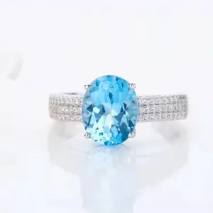 Hot Sale White Gold Plated Fine Jewelry 925 Silver Ring Natural Blue Topaz Crystal Ring For Women