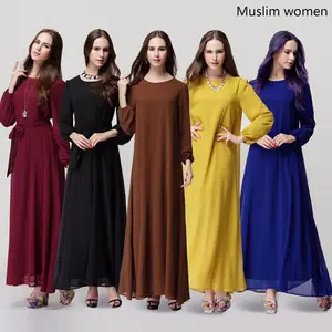 Latest Designs Elegant hijab dresses belt with bow chiffon plain new model abaya in dubai