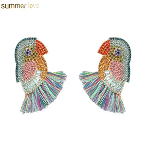 Unique Design Boho Colorful Fish Crab Flower Parrot Bird Tassel Drop Dangle Statement Crystal Earring For Bridal Wedding Jewelry
