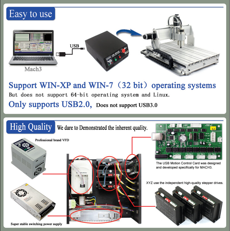 Manual 6040 3Axis CNC Router with 1500W VFD Spindle, Mach3, USB