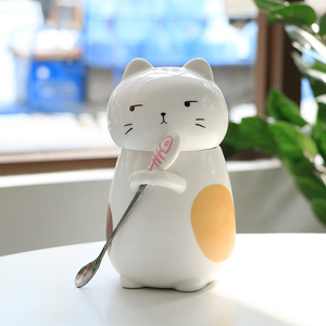 Taza de cerámica 3D para gato, con tapa y cuchara, bonita, Blanca - Product Image 2