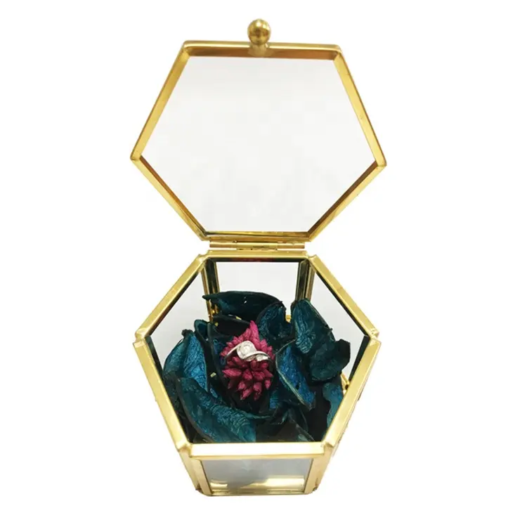 Custom Design Kleine Gouden En Glas Hexagon Sieraden Ring Box