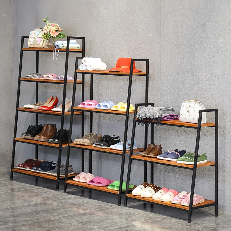 Bespoke Home Used Metal Black Wooden Shoes Shelves Commercial Corner Display Stand Furniture DIY Shoes Rack