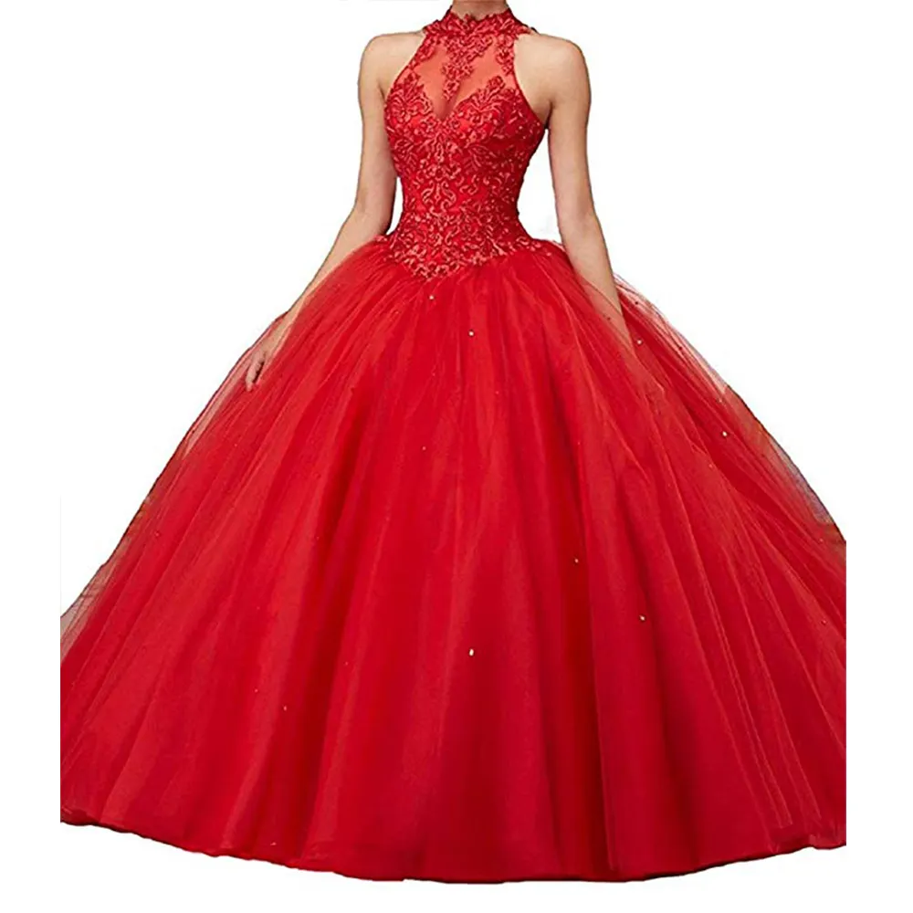 Elegant princess halter neck sweetheart flower burgundy Quinceanera dress sweet evening dress 16 prom gown