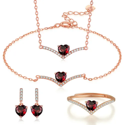 OB Jewelry-V Shape 925 Sterling Silver 3PCS Women Jewelry Sets Love Heart Natural Garnet Gemstones S925 Fine Jewelry Sets