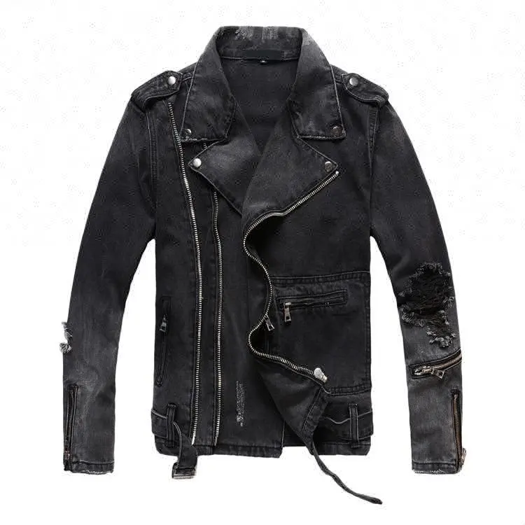 Прямая поставка с фабрики D & S, Мужская черная крутая джинсовая куртка с поясом, состаренная джинсовая куртка на молнии