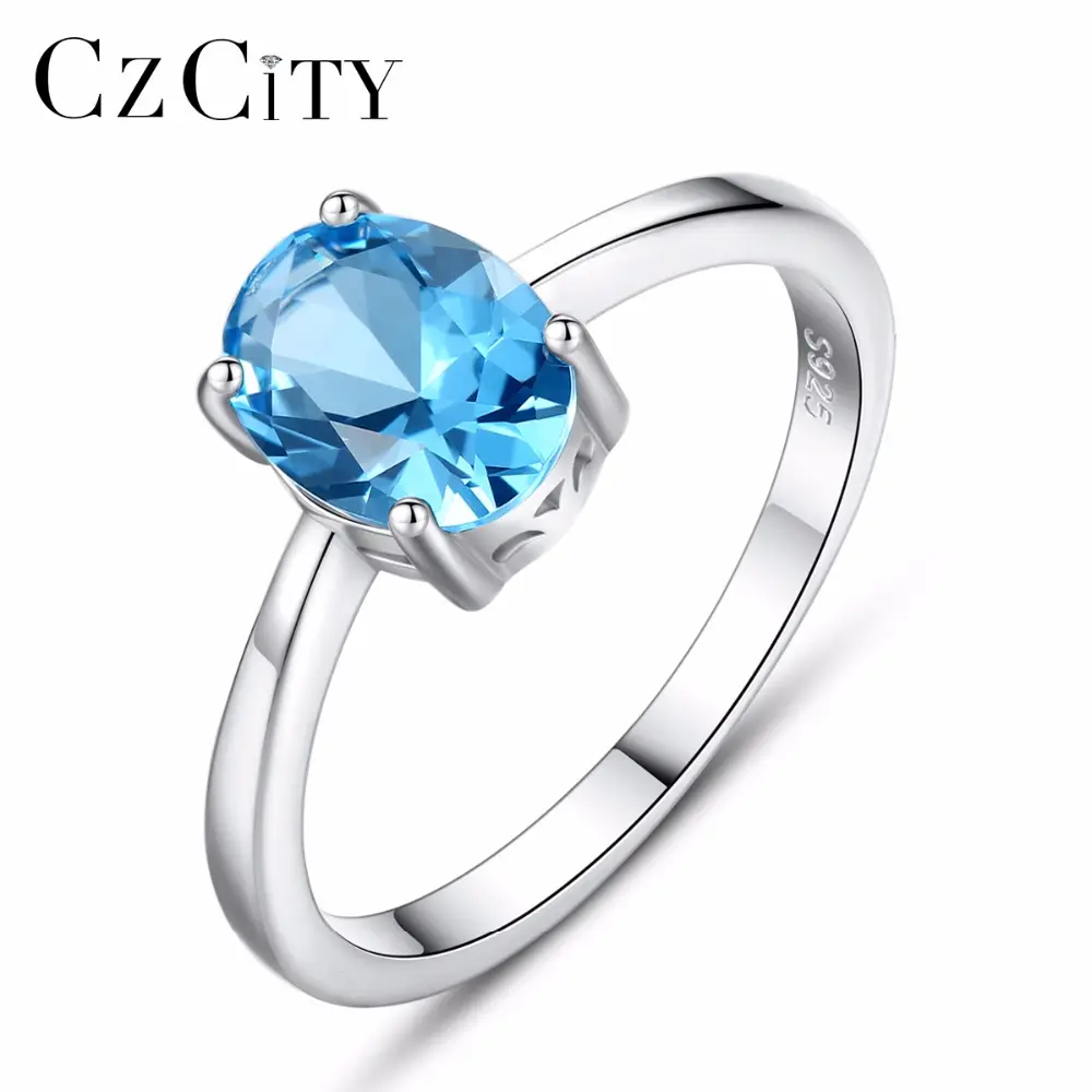 CZCITY Oval Natural Sky Blue Topaz Stud Earrings Women Genuine 925 Sterling Silver Fine Jewelry Ring