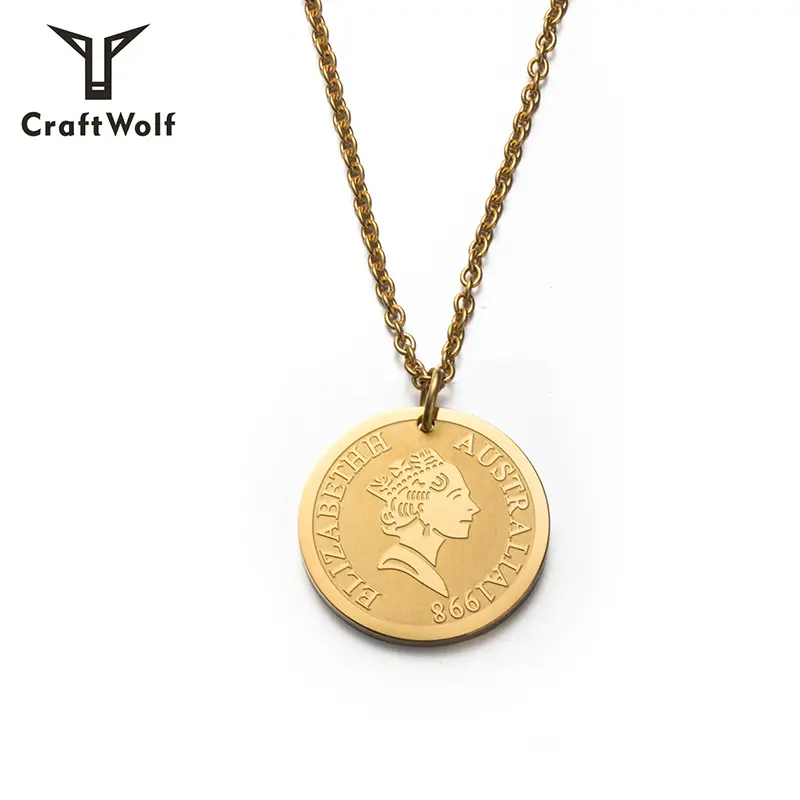 Craft Wolf fashion jewelry Gold silver Women Men Elizabeth avatar Stainless Steel Embossed coin chain necklace