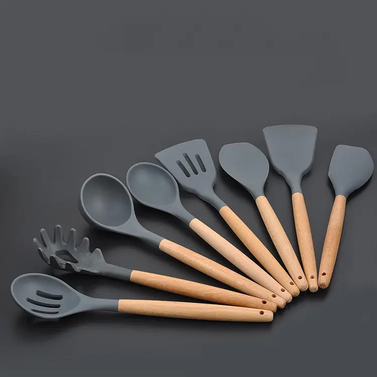 New 8 in 1Silicone Baking Shovel Kitchen Scoop Tong Spade Eggbeater Opener Tools Suit With Wood Handle Cooking Ware Set