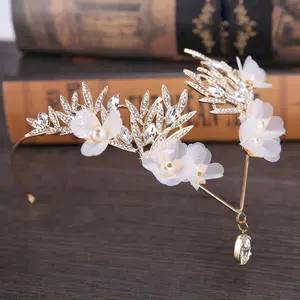 Fashion Renda Bunga Perak Berlian Imitasi Mutiara Bridal Crown Headband Handmade Tiara Pernikahan Rambut Aksesoris Dahi Perhiasan