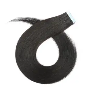 Grosir warna hitam alami pakan kulit pita buatan tangan dalam ekstensi rambut 20 BH/pak 100% Remy Indian Tape ekstensi rambut