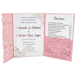 Pérola rosa com três dobras laço do casamento convite cartão de convite de corte a laser cartão de convite de casamento de luxo com bolso
