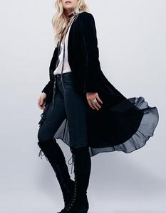 M544 D.Y Fashion Ladies <strong>Velvet</strong> Jacket Chiffon Falbala Long Outer <strong>Coat</strong> - Product Image 4