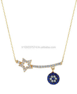 Collar de oro sólido de 14K para mujer, joyería de la buena suerte de ojos malignos de estrella delicada, collar de circón, Charms, joyería - Product Image 1