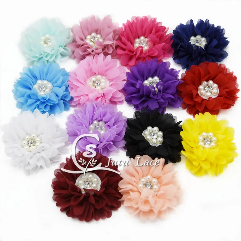 2.5'' pearl rhinestone chiffon flower DIY Boutique flower Hair flower without Clips headband accessories