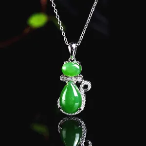 fashion jewelry wholesale trendy zircon with natural green jade cat shape animal gemstone pendant necklace 925 silver jewellery