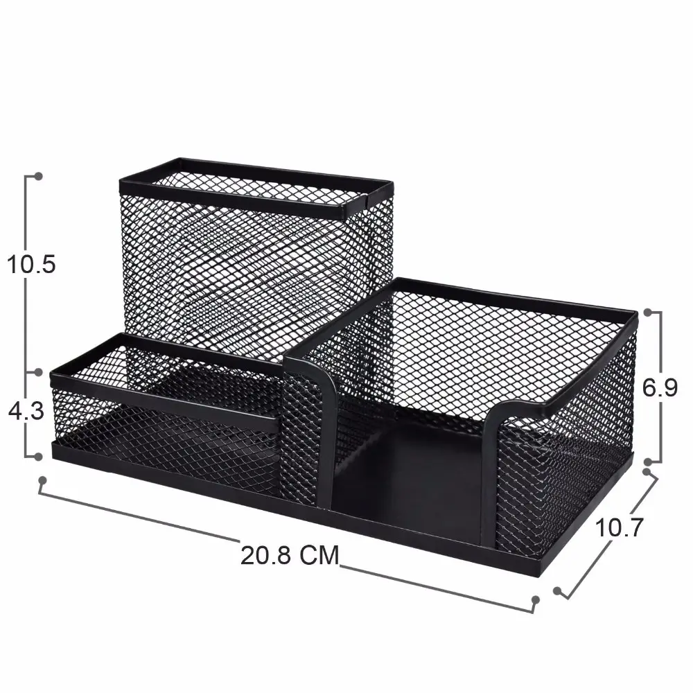 Hot Selling Students Office Desk Organizer Mesh Style 3 Compartments black Metal Pen Holder