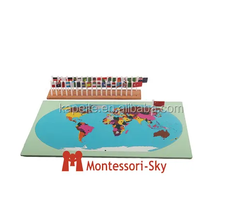Montessori material Educational toy Flag Stand World Map with Flags