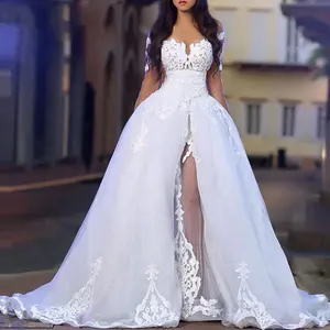 Istanbul White Long Sleeve Illusion <strong>Top</strong> Sexy Applique Detachable Train Bride Dresses for <strong>Wedding</strong> - Product Image 1