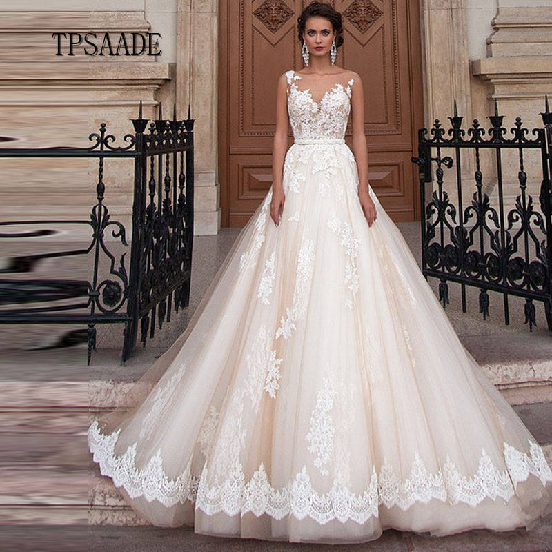Wedding Gown Vestido Illusion Dress Illusion Champagne Tulle A - Main Image