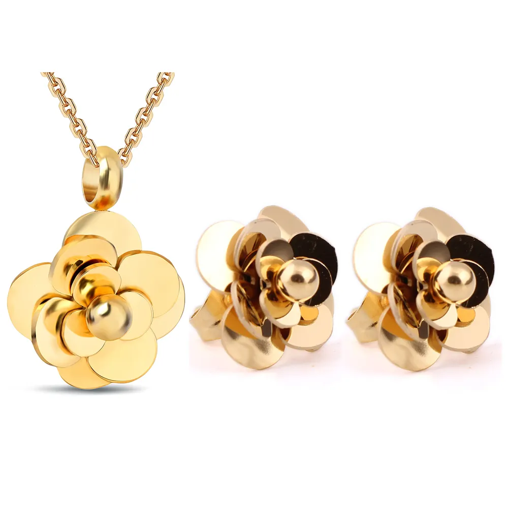 Wholesale Fashion Jewelry Hot Sale Stainless Steel Rose Flower Earring Necklace Jewelry Set for women