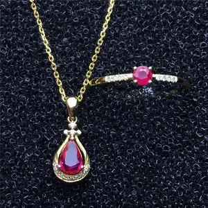 Juego de joyería para mujer, de oro de 18k, Diamante real de Sudáfrica, collar con colgante de rubí rojo natural, conjunto de anillo