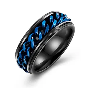 Personalidad enlace azul cadena gira de carburo de tungsteno hilo medidor de anillo de los hombres anillo de plata