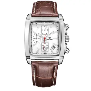 Megir 2028 célèbre marque de luxe en cuir Business Quartz Date horloge Rectangle mode étanche montre chronographe pour hommes