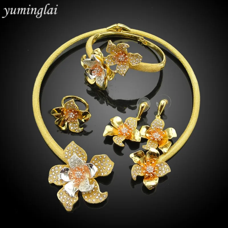Wholesale African Jewelry Sets 24K Gold Plating Dubai Custom Jewelry Flower Design for Women FHK4503