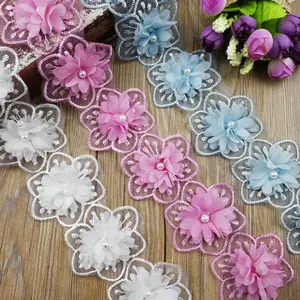 3D Pink Blue Chiffon Leaf Perlen Blumen besatz Spitze für Braut Choker Kleidungs stück Zubehör