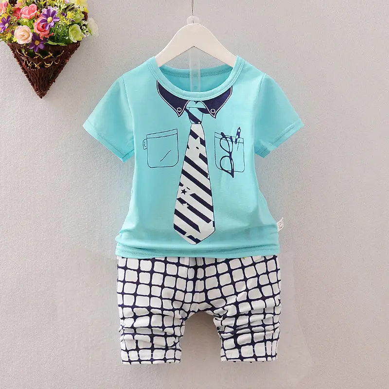 Summer children suits kids five Stars Necktie pattern clothing sets boys school words t-shirt+striped pants