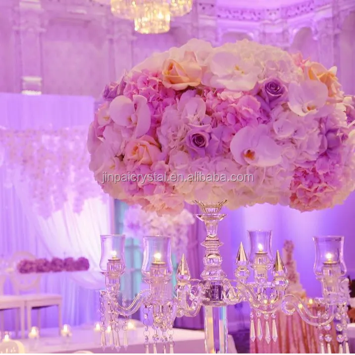 Candelabros de cristal romântico, belo casamento, 5 braços com tigela de flores para mesas de casamento