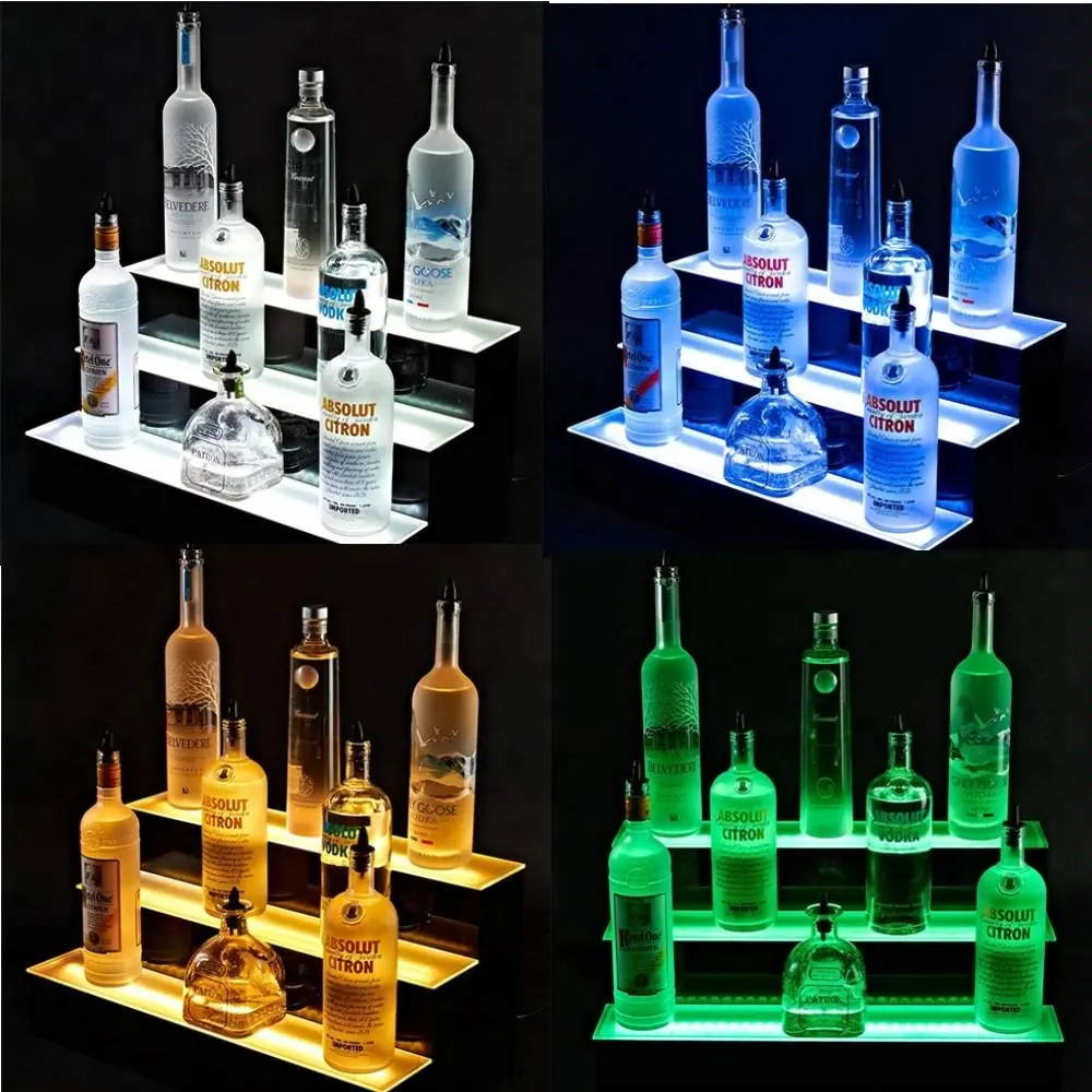 Estante de botella de acrílico LED personalizado de 3 escalones, soporte de exhibición, barra Led de 3 niveles, estantes de exhibición de licor de 16"